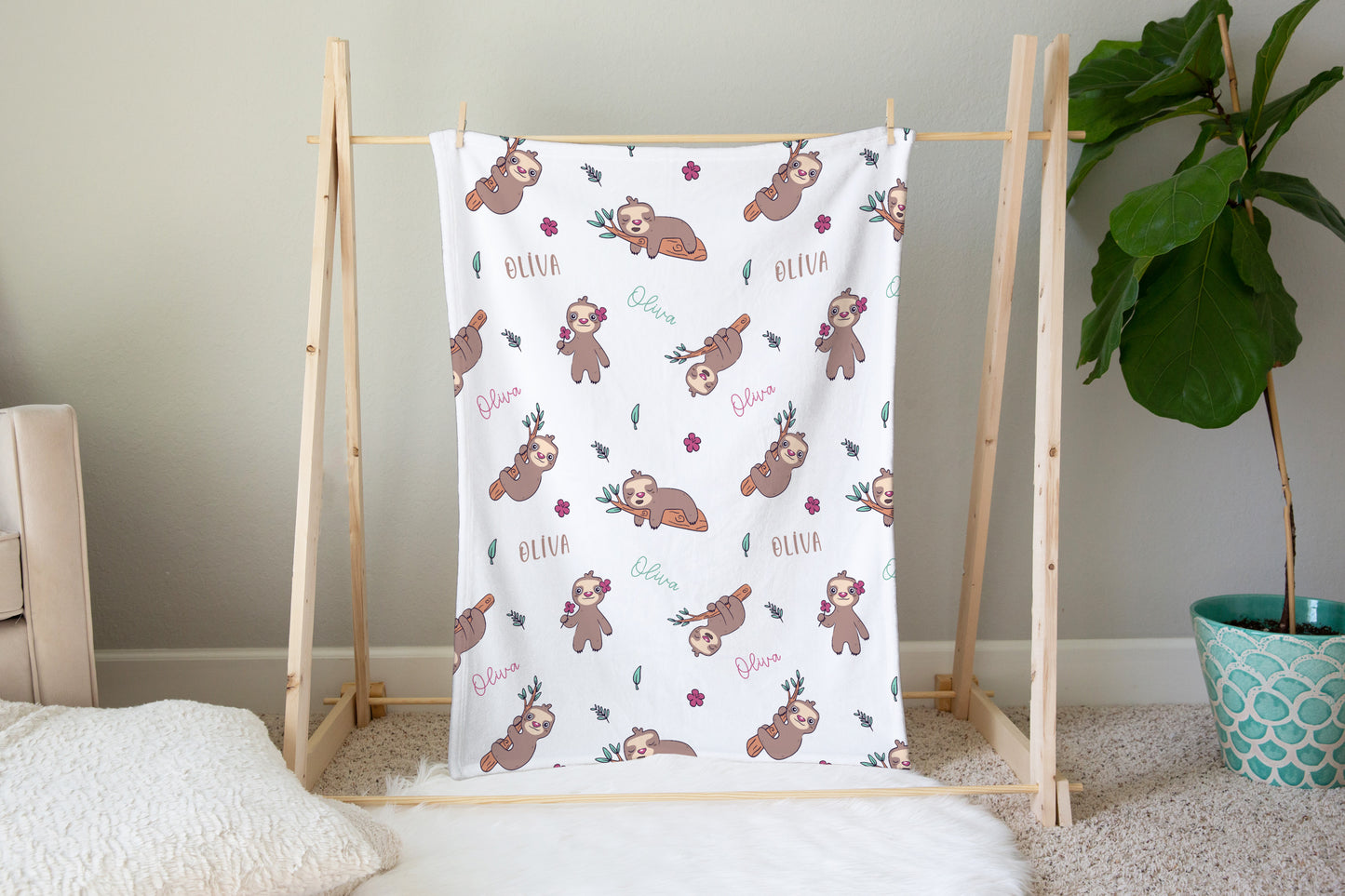 Personalised Cute Sloth Floral Blanket