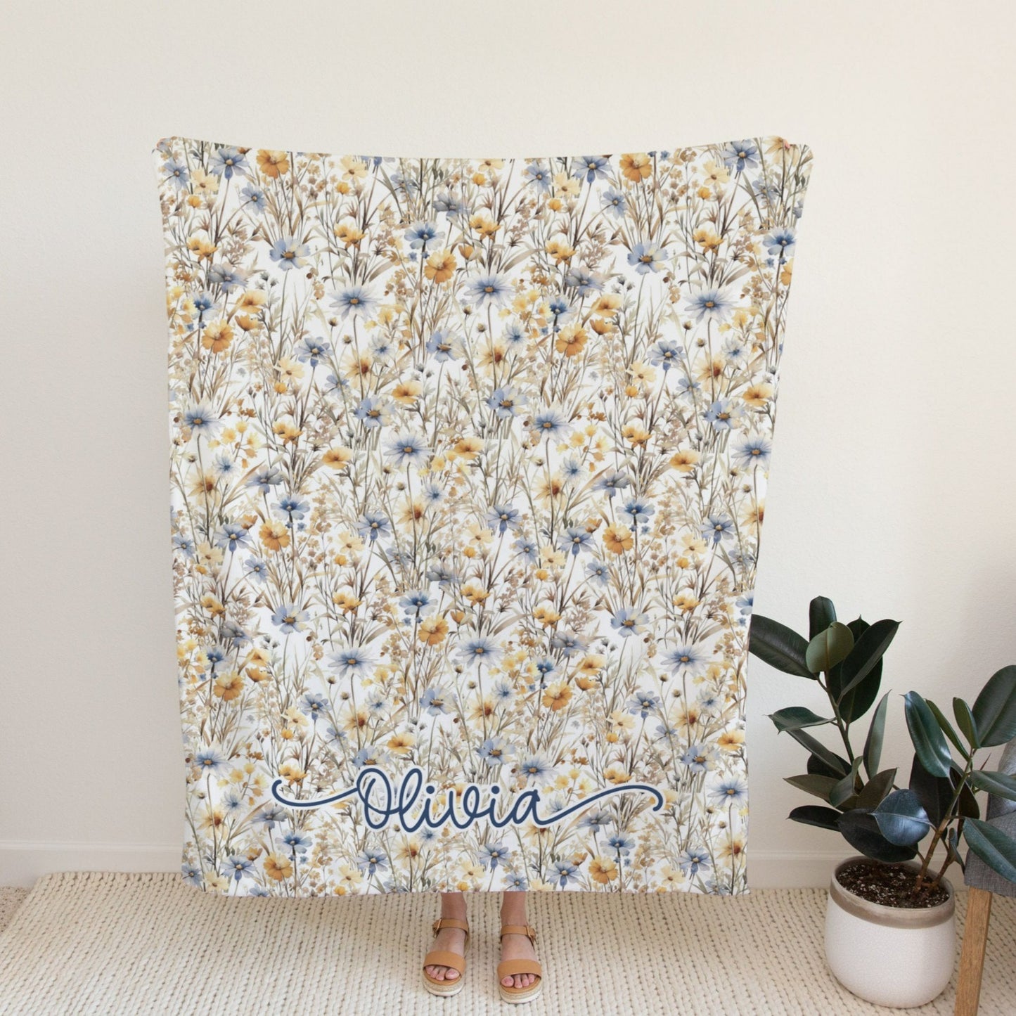 Personalised Blue Wildflower Baby Blanket