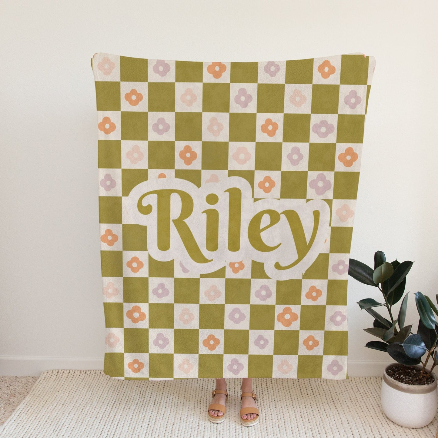 Personalised Green Checkered Daisy Blanket