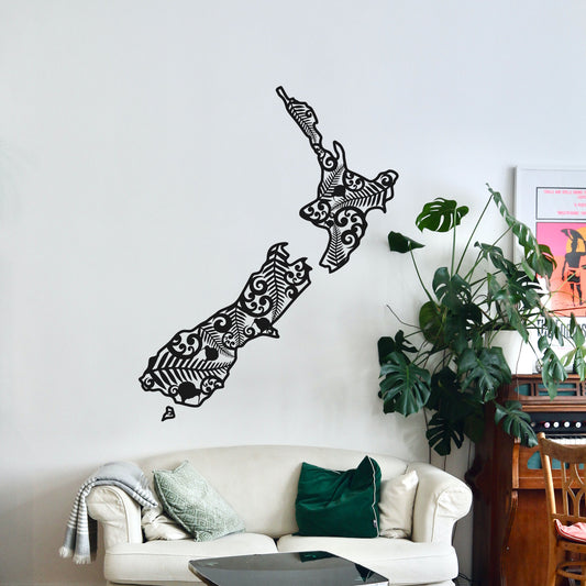 New Zealand map with koru and fern wall decal