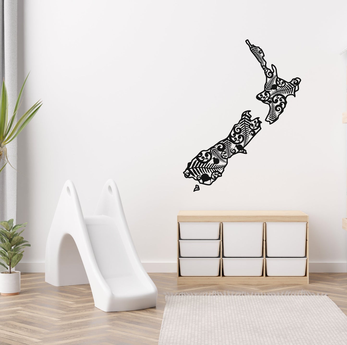 New Zealand map with koru and fern wall decal
