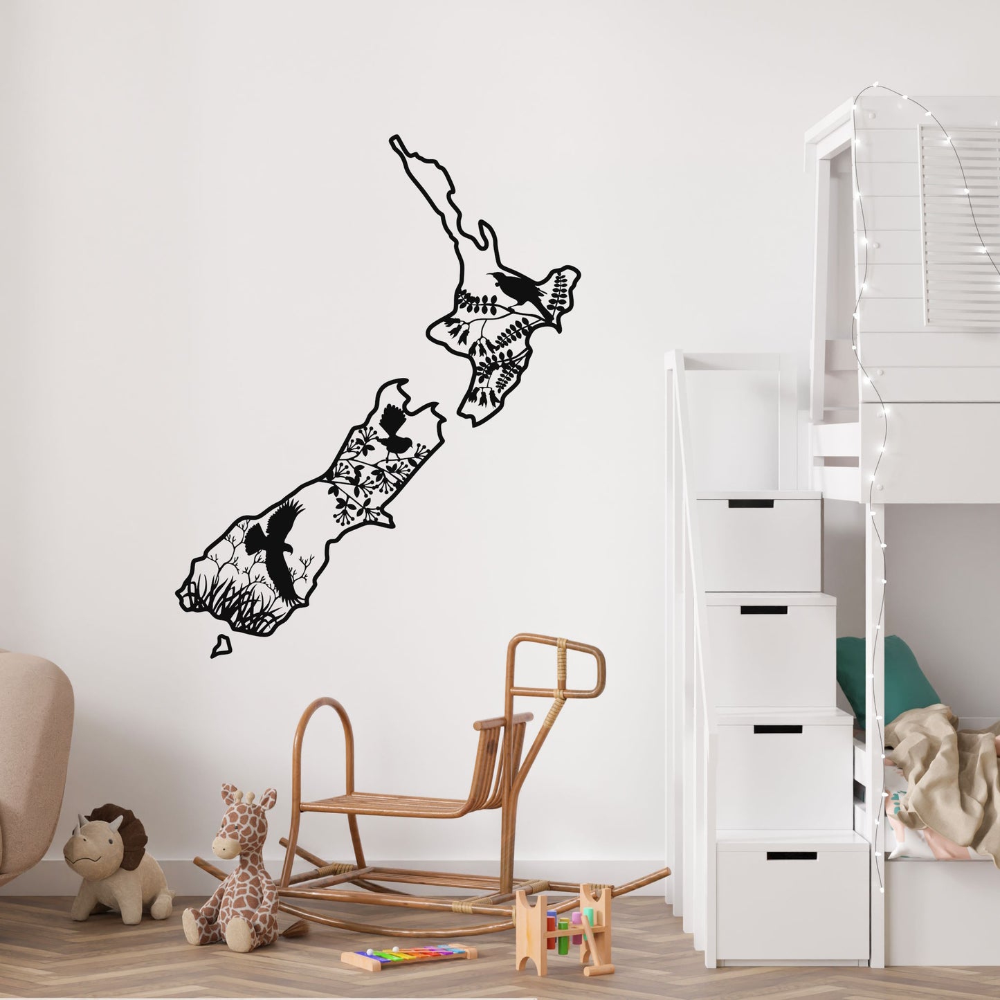 New Zealand map with native birds wall decal