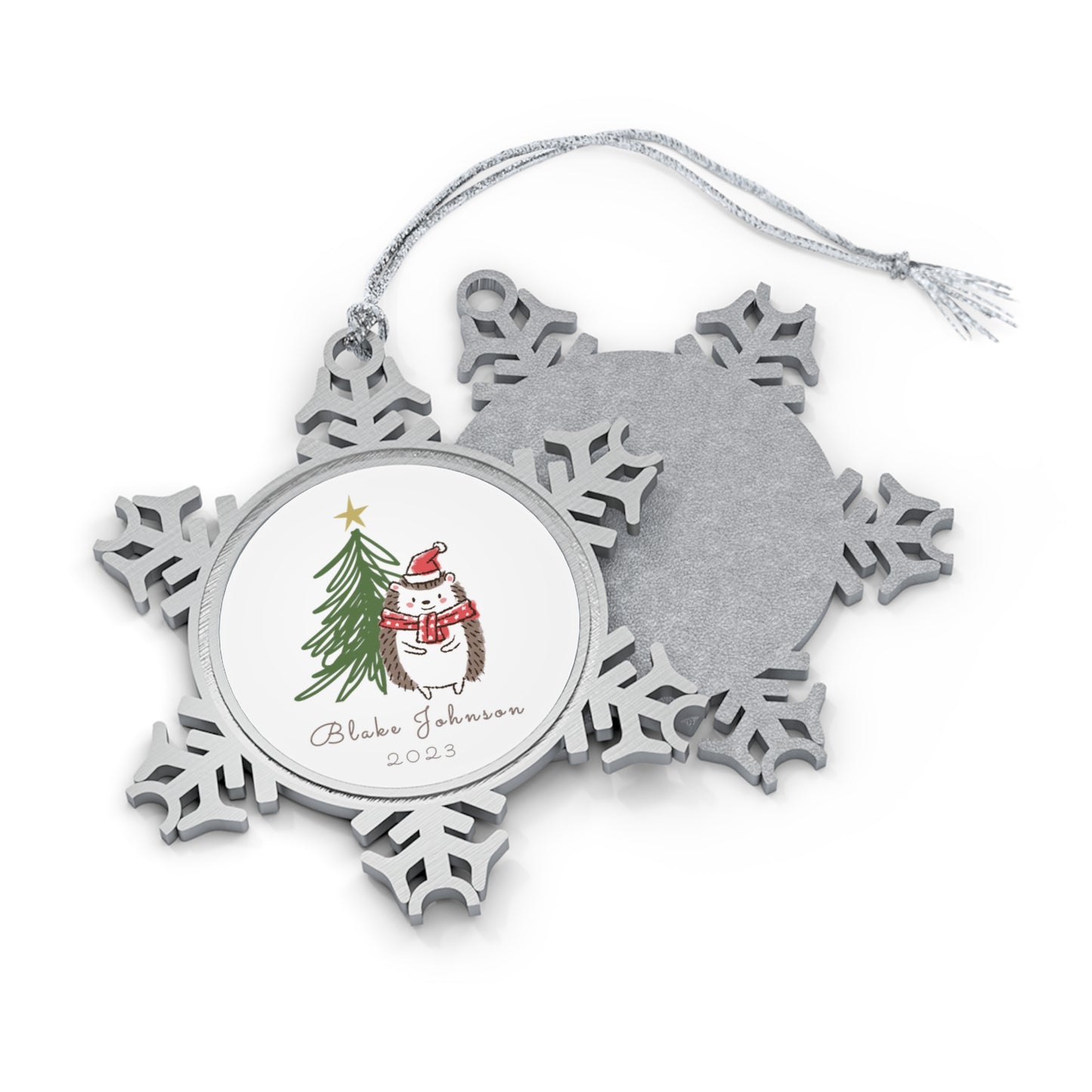 Personalized Pewter Snowflake Ornament | Hedgehog &Christmas Tree