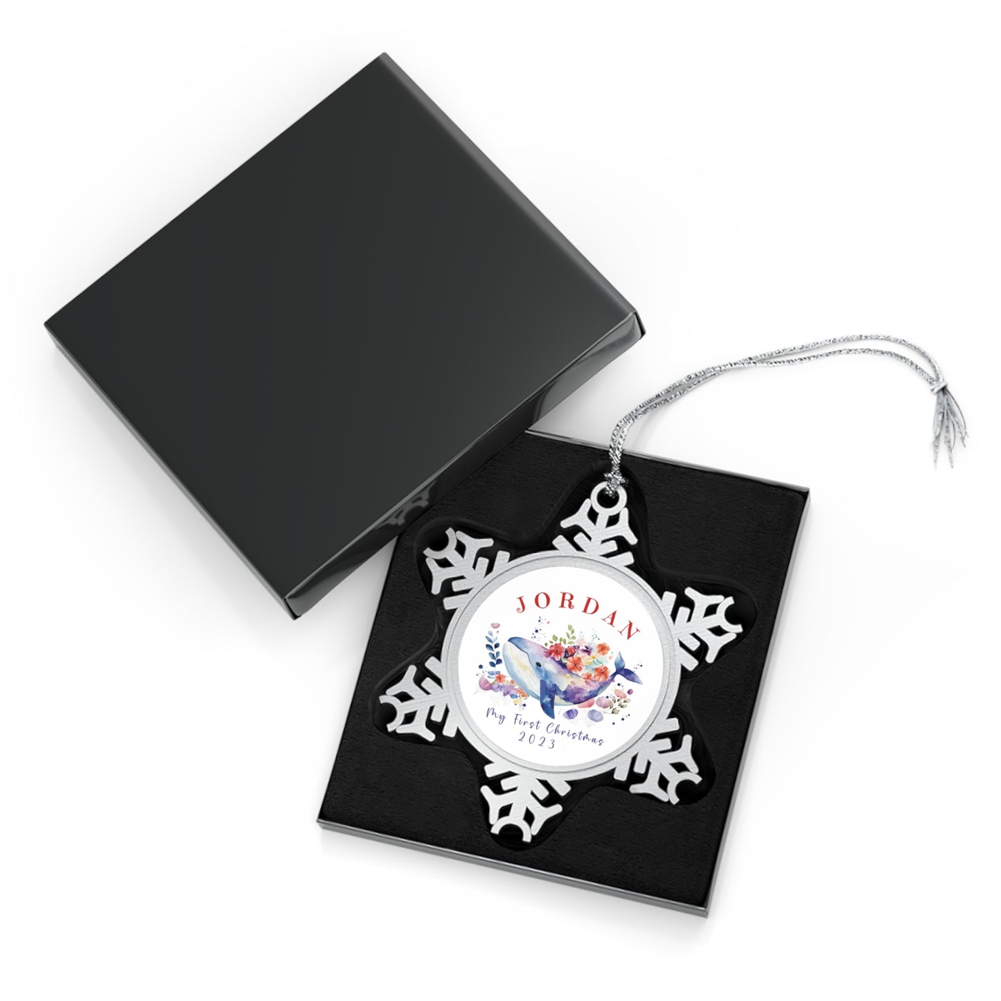 Personalized Pewter Snowflake Ornament | Floral Whale