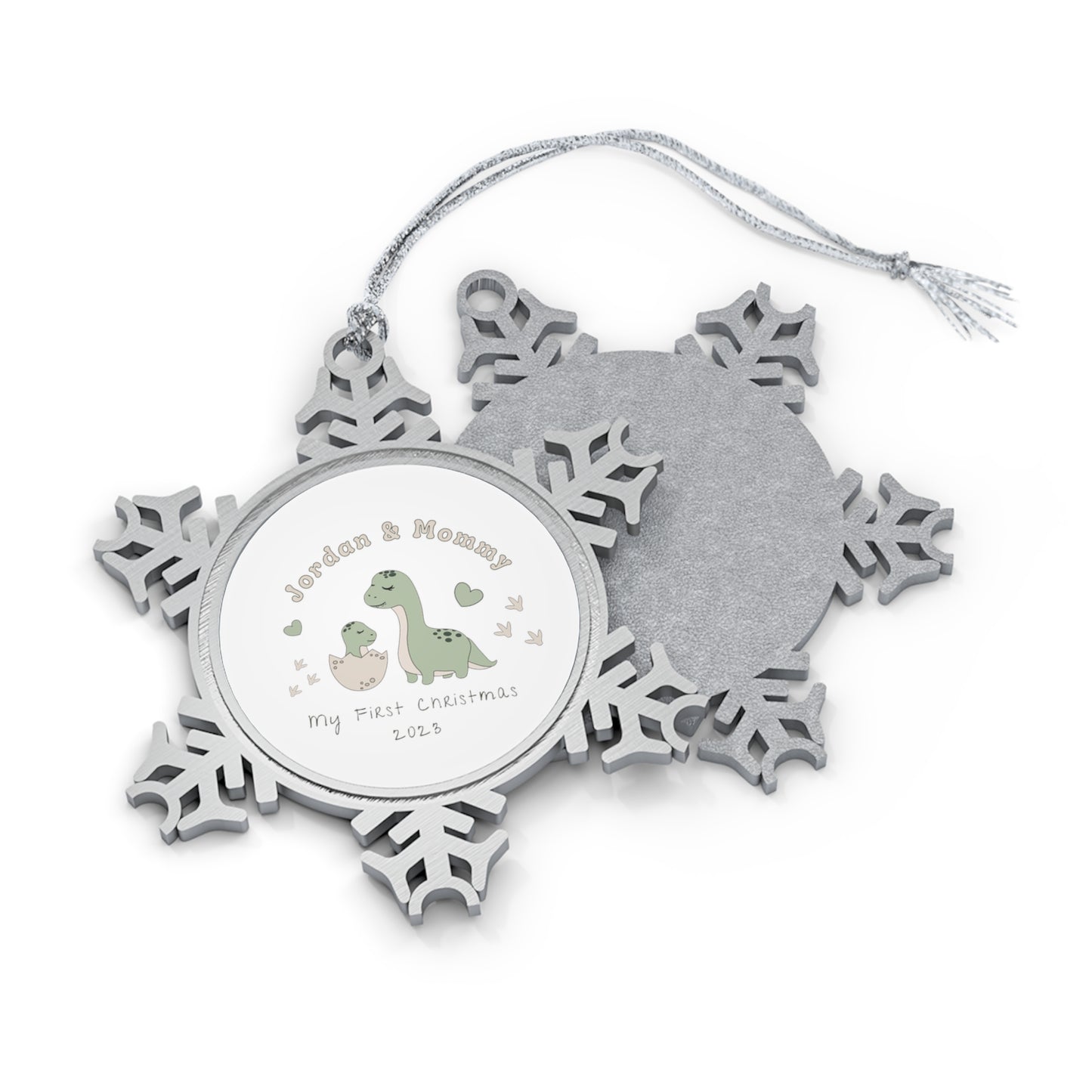 Personalised Pewter Snowflake Ornament | Mum and Baby Dinosaur Diplodocus