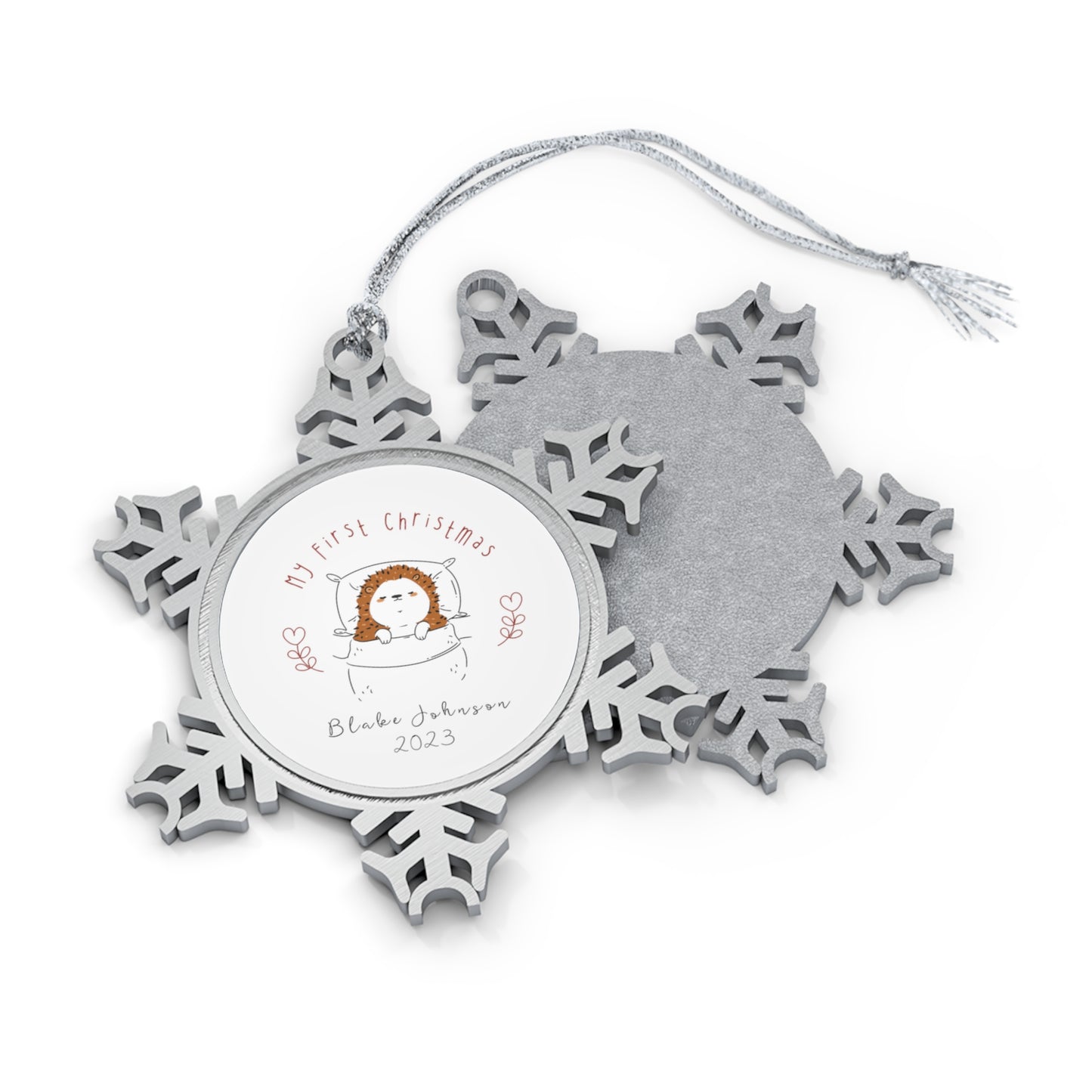 Personalised Pewter Snowflake Ornament | Baby Hedgehog Sleeping