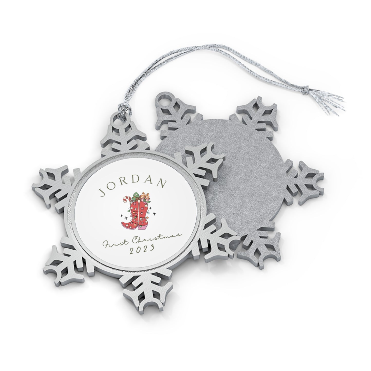 Personalised Pewter Snowflake Ornament | Holiday Cowgirl Boot