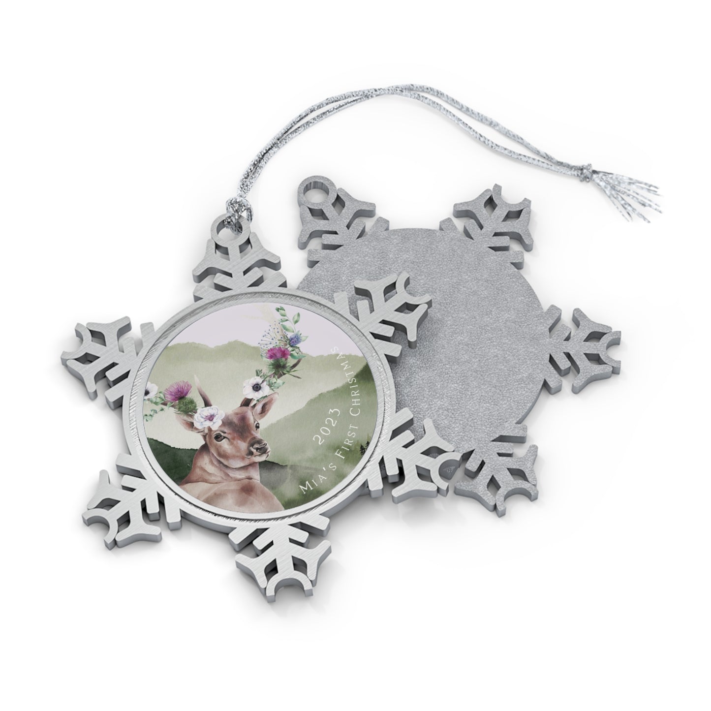 Personalised Pewter Snowflake Ornament | Floral Deer Stag