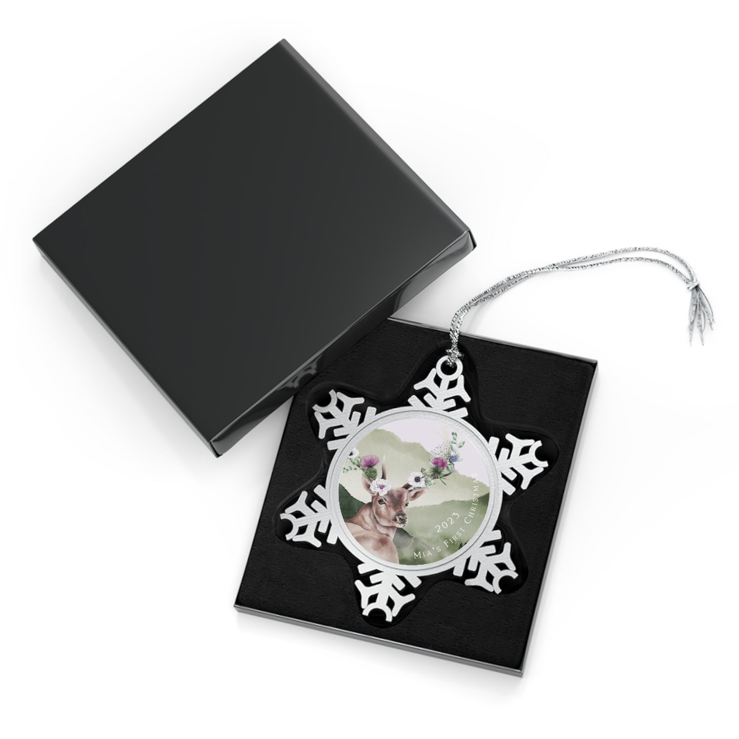 Personalised Pewter Snowflake Ornament | Floral Deer Stag