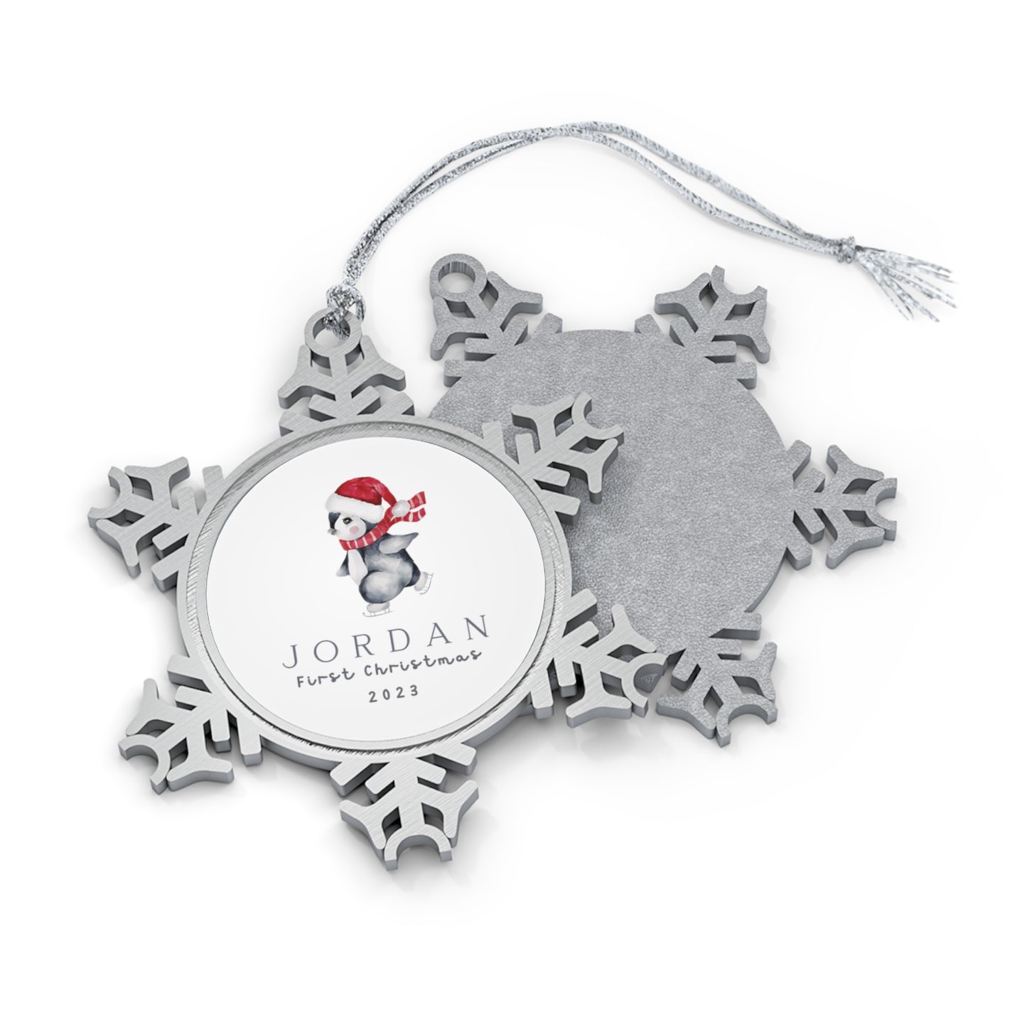 Personalised Pewter Snowflake Ornament | Ice-skating Penguin