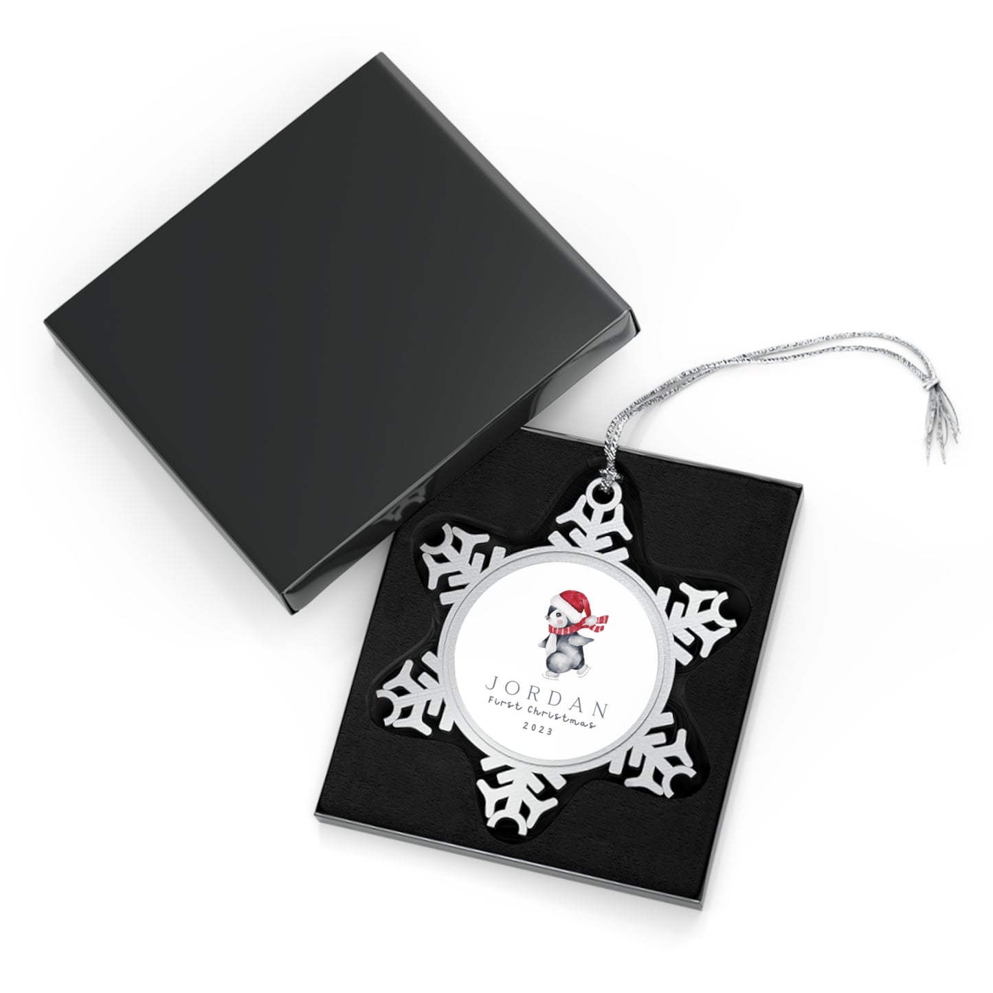 Personalised Pewter Snowflake Ornament | Ice-skating Penguin