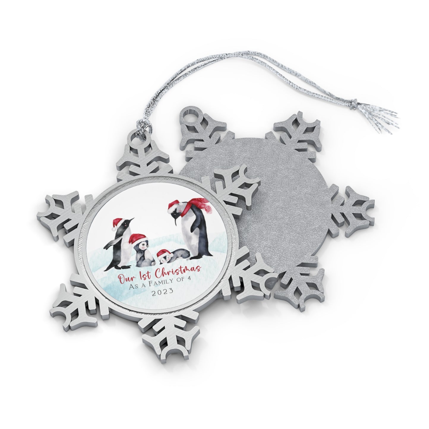 Personalised Pewter Snowflake Ornament | Penguin Family of 4
