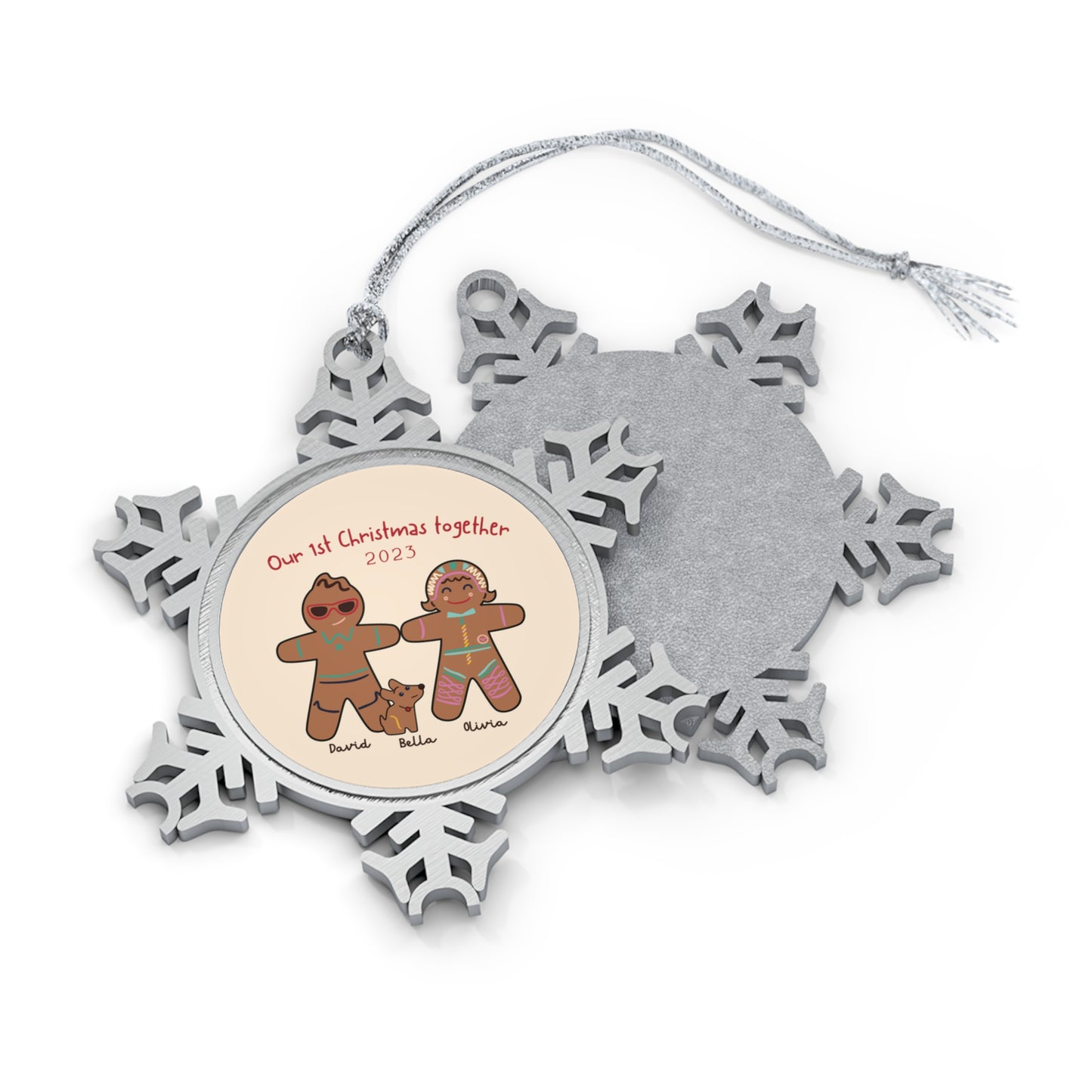 Personalised Pewter Snowflake Ornament | Gingerbread Men Couple with Dog