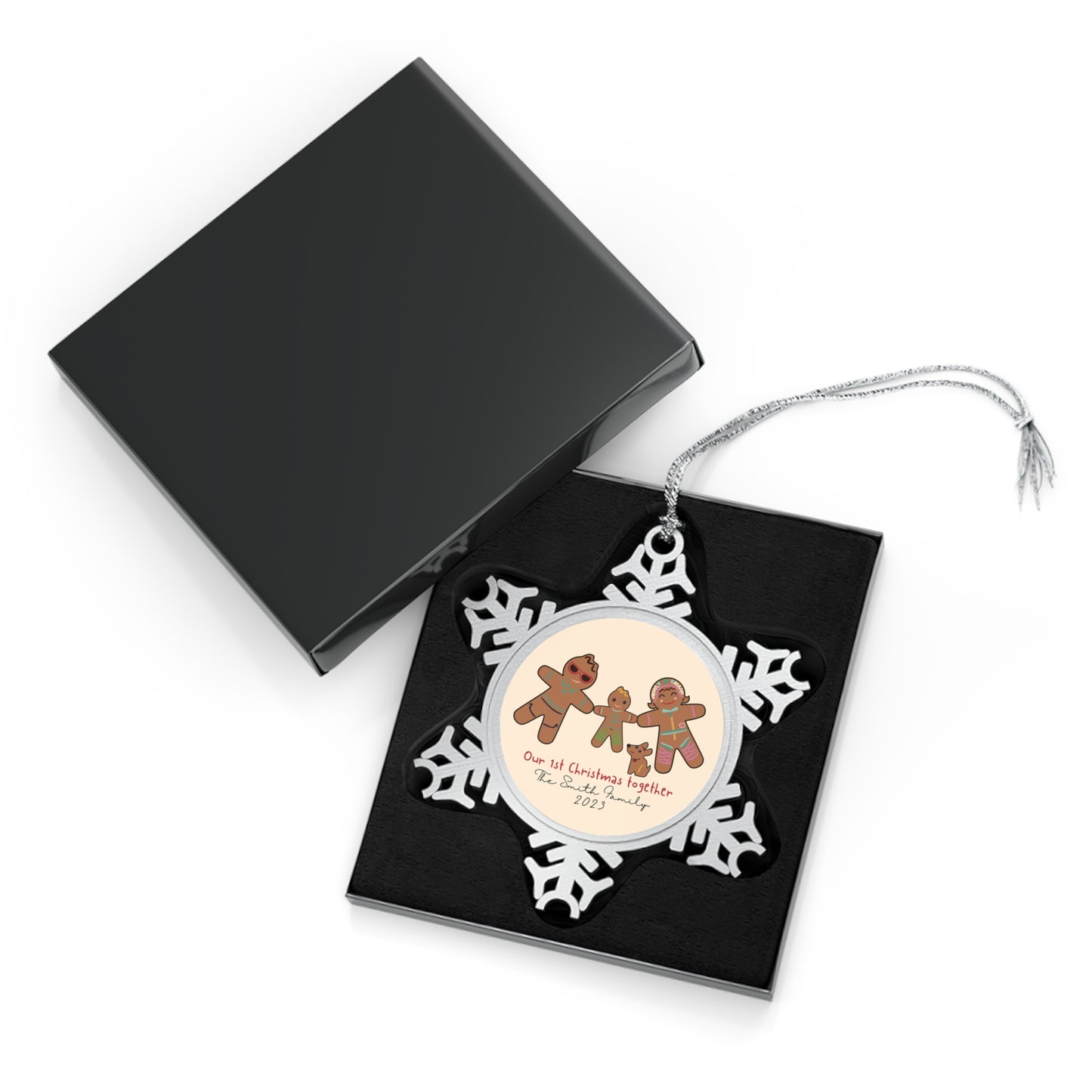Personalised Pewter Snowflake Ornament | Gingerbread Family of 3 with Dog