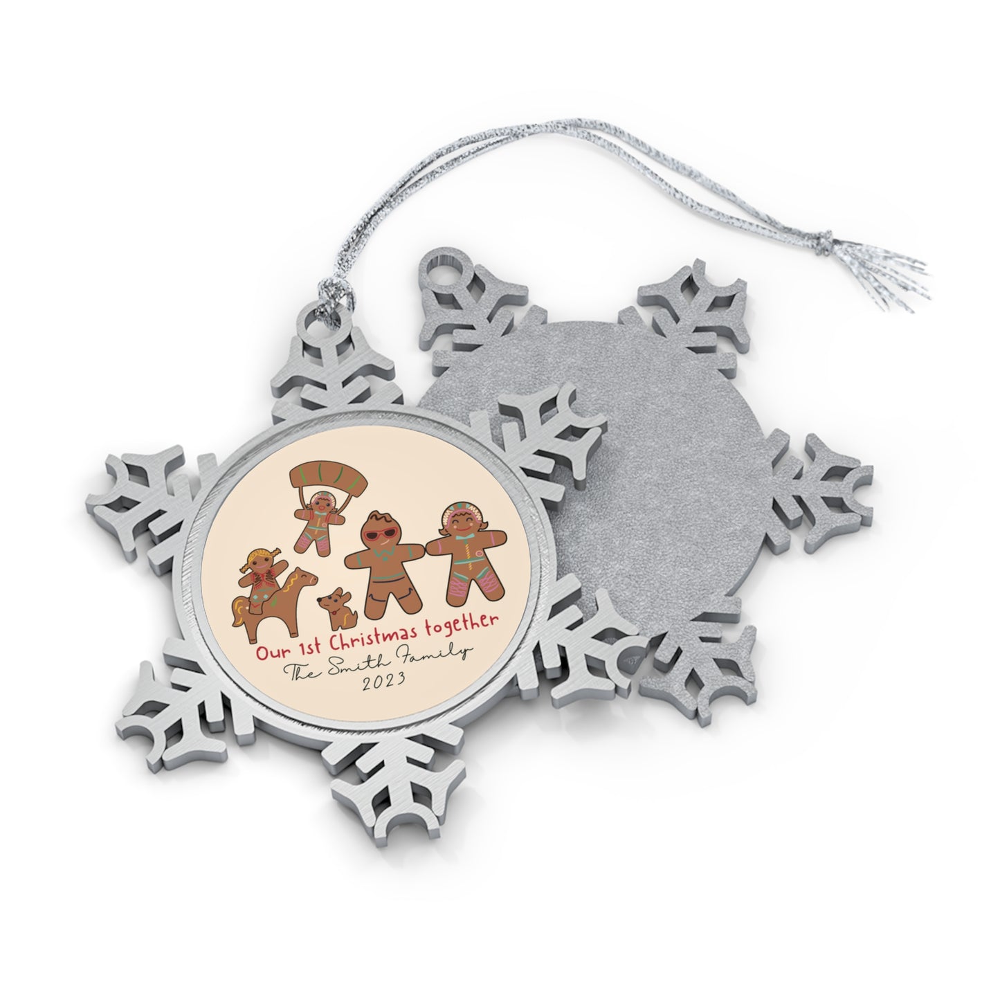 Personalised Pewter Snowflake Ornament | Gingerbread Family of 4 with Dog