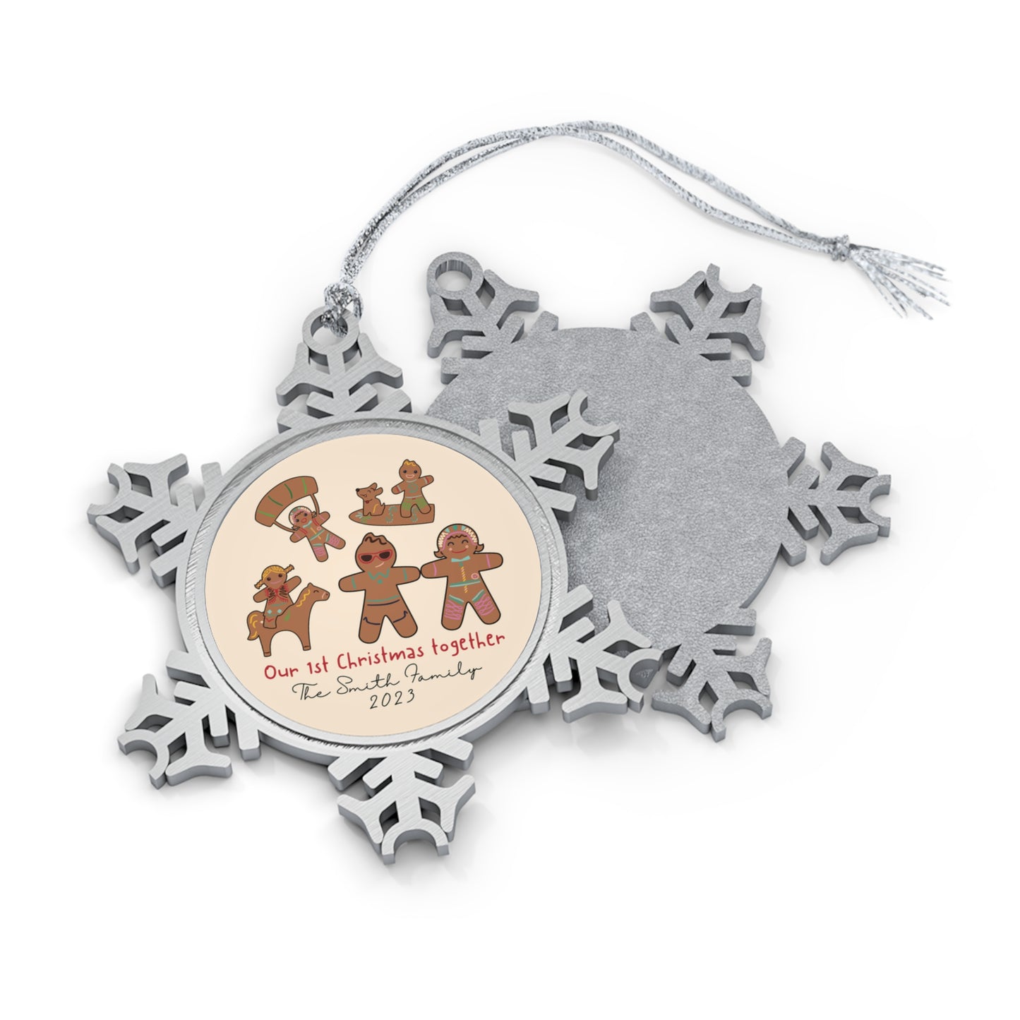 Personalised Pewter Snowflake Ornament | Gingerbread Family of 5 with Dog
