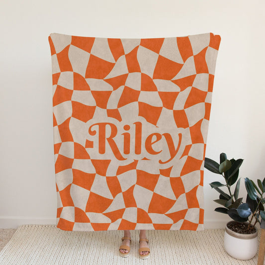 Personalised Orange Wavy Checkered Blanket