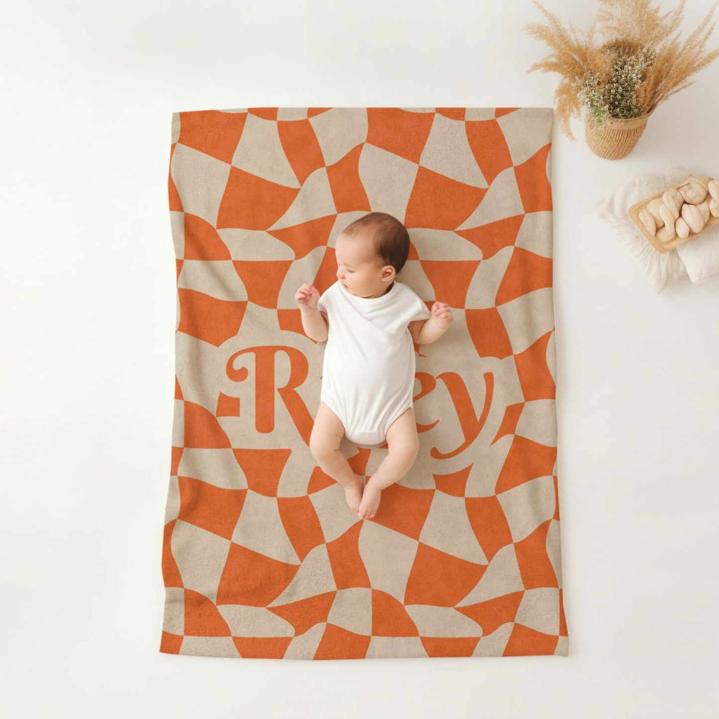 Personalised Orange Wavy Checkered Blanket