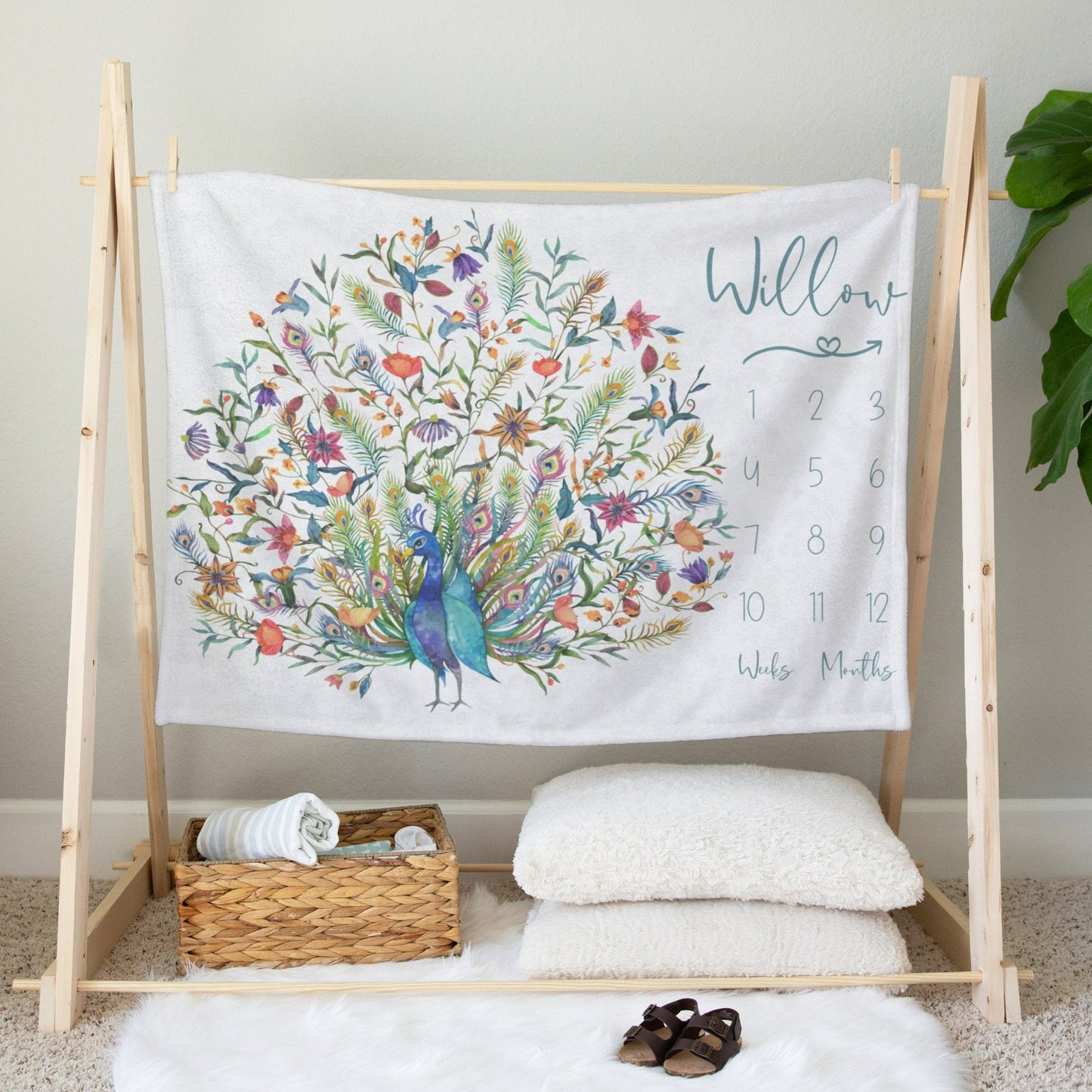 Personalised Peacock Baby Milestone Blanket