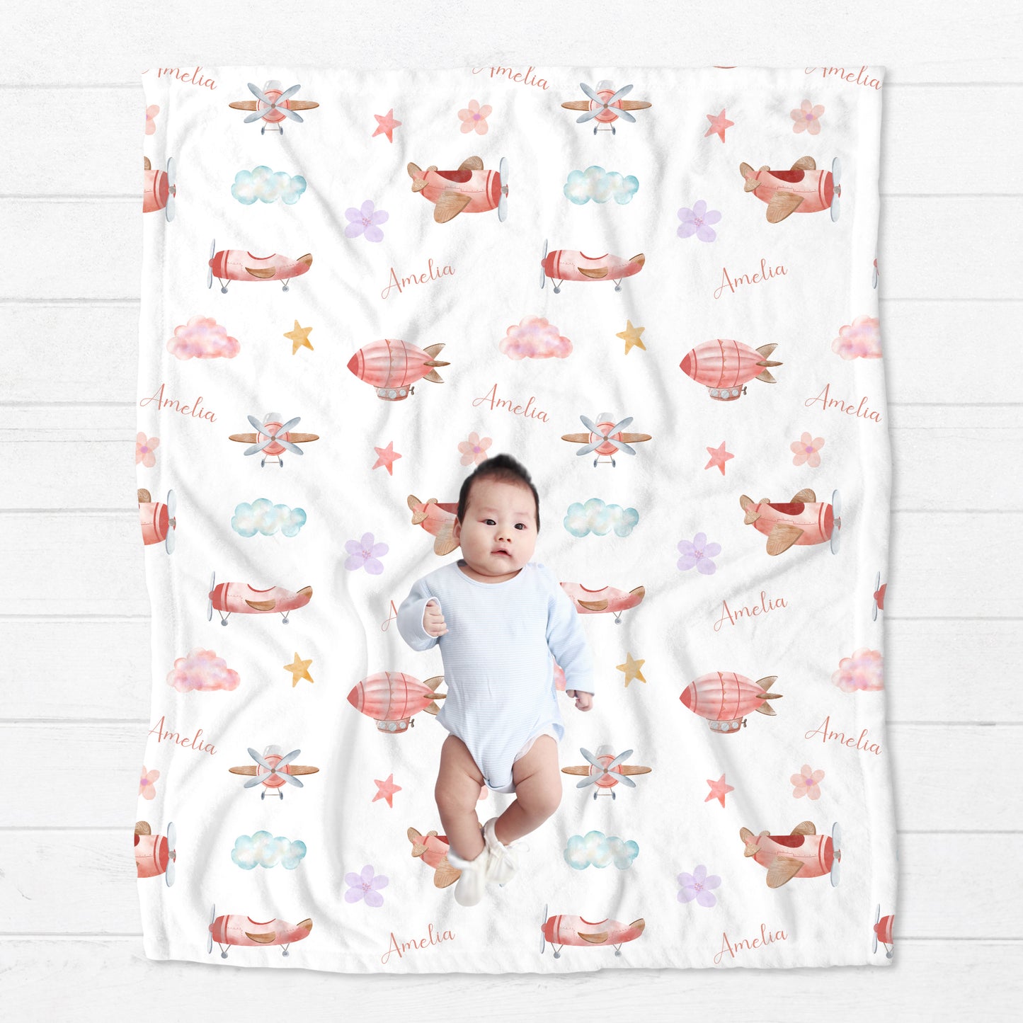 Personalised Pink Airplane Baby Blanket