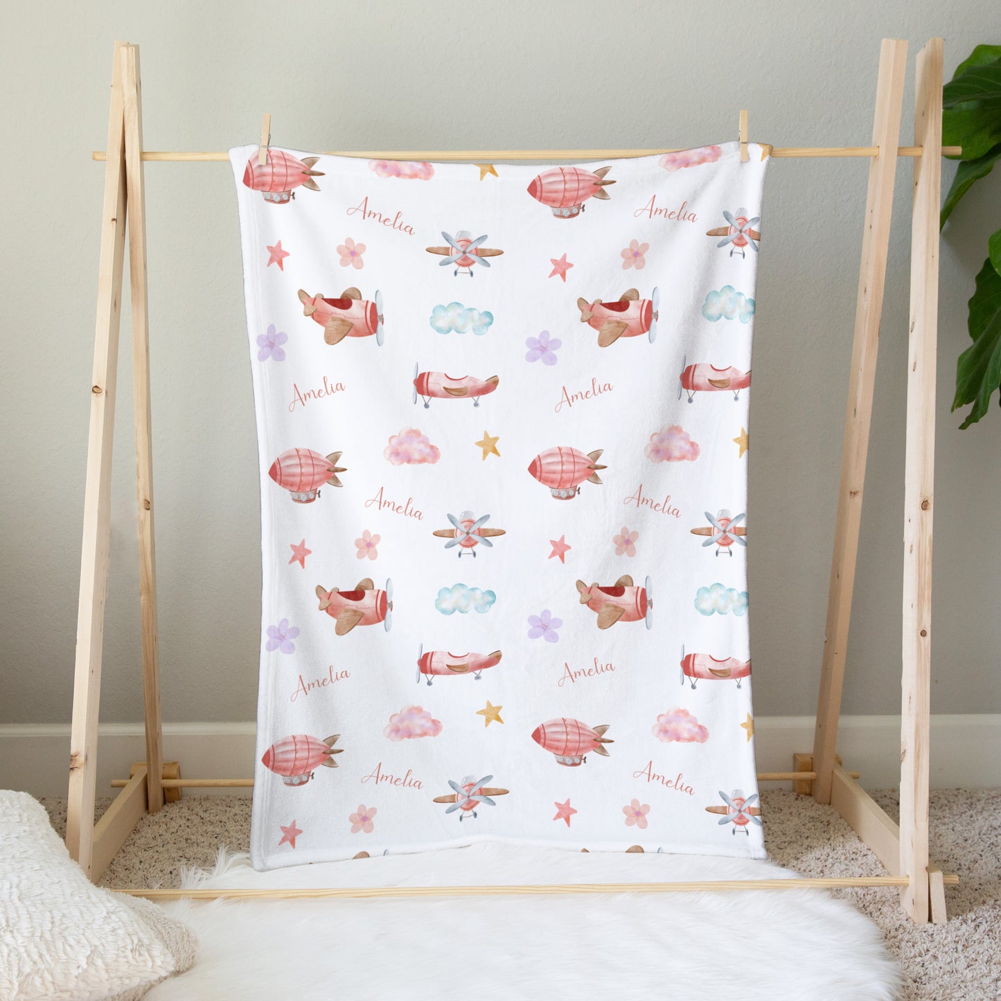 Personalised Pink Airplane Baby Blanket