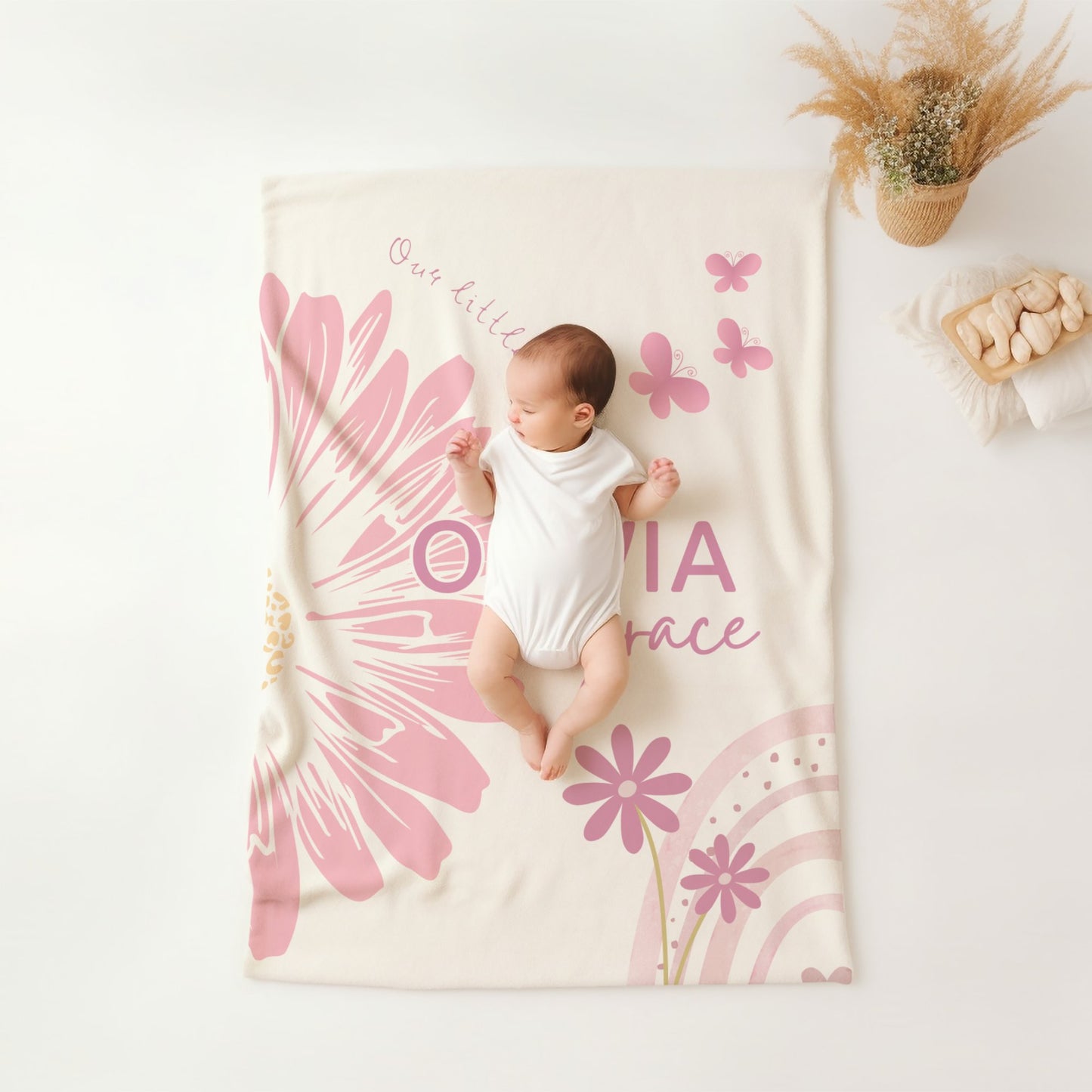 Personalised Pink Flower Rainbow Blanket