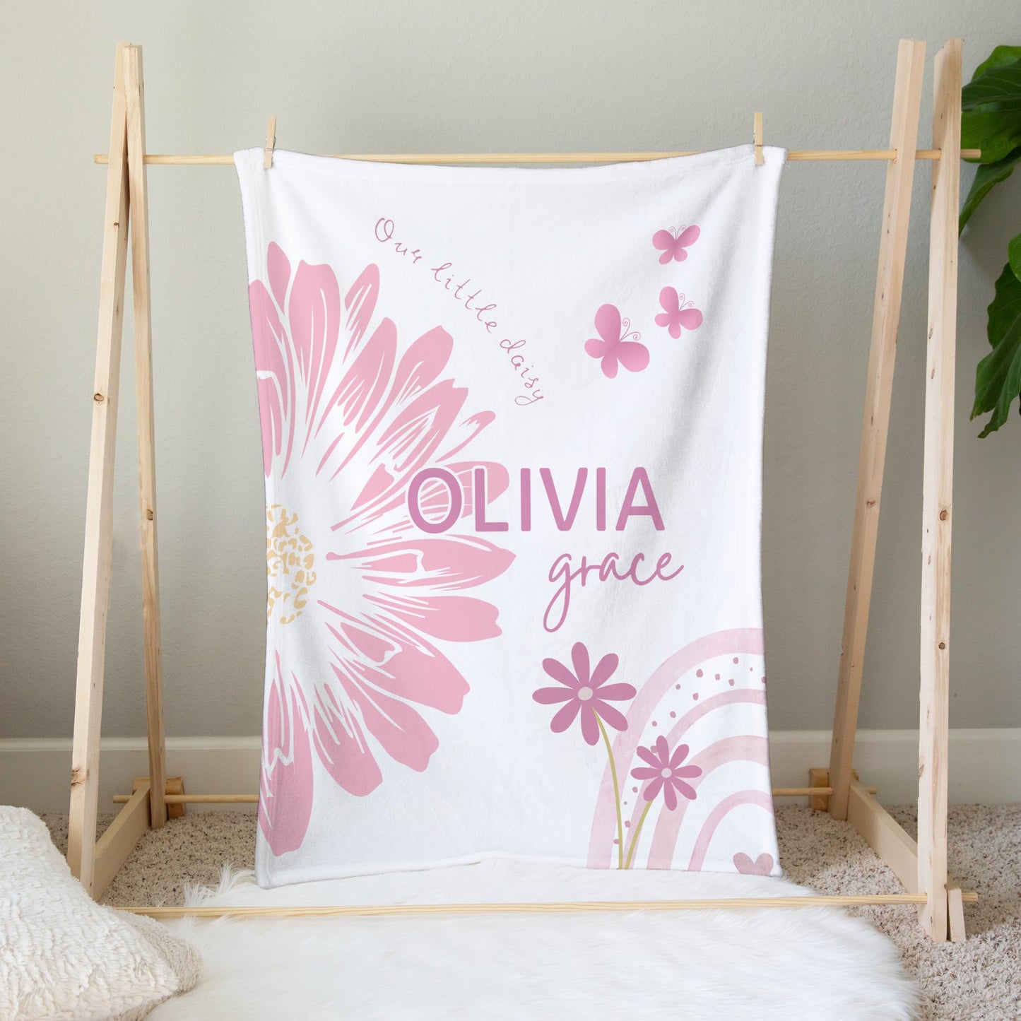 Personalised Pink Flower Rainbow Blanket