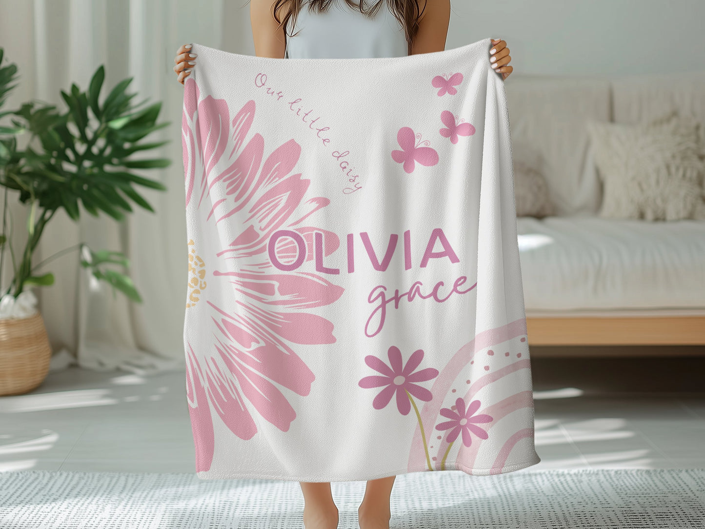 Personalised Pink Flower Rainbow Blanket
