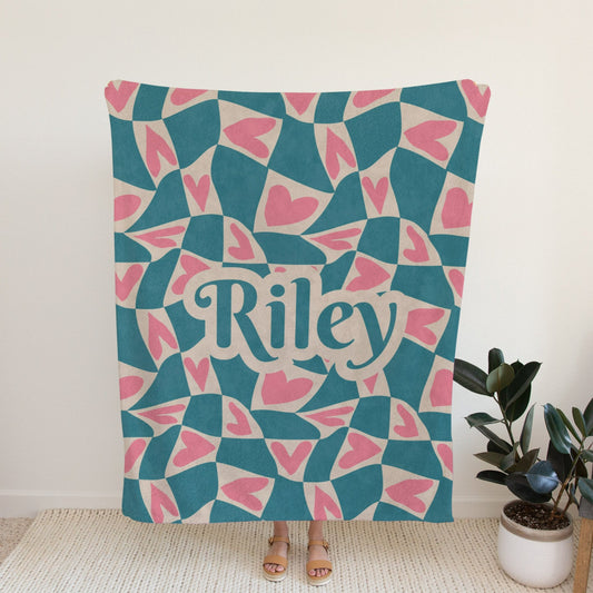 Personalised Checkered Hearts Blanket