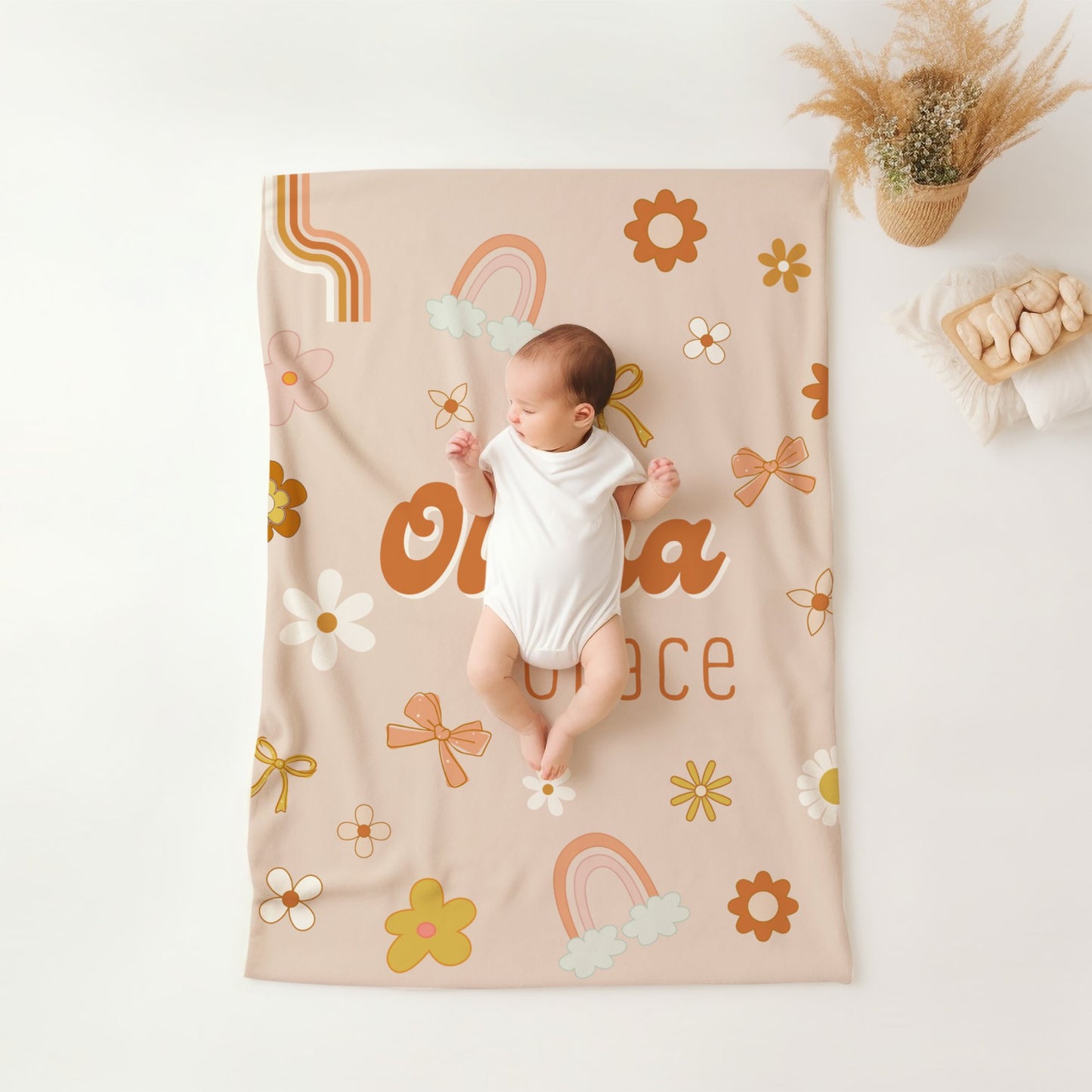 Personalised Pink Retro Daisy Bow Blanket