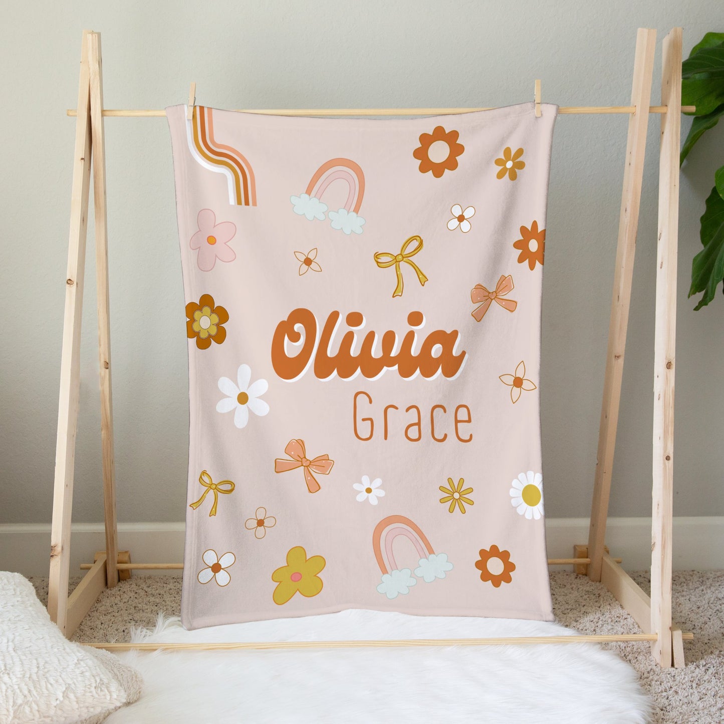 Personalised Pink Retro Daisy Bow Blanket