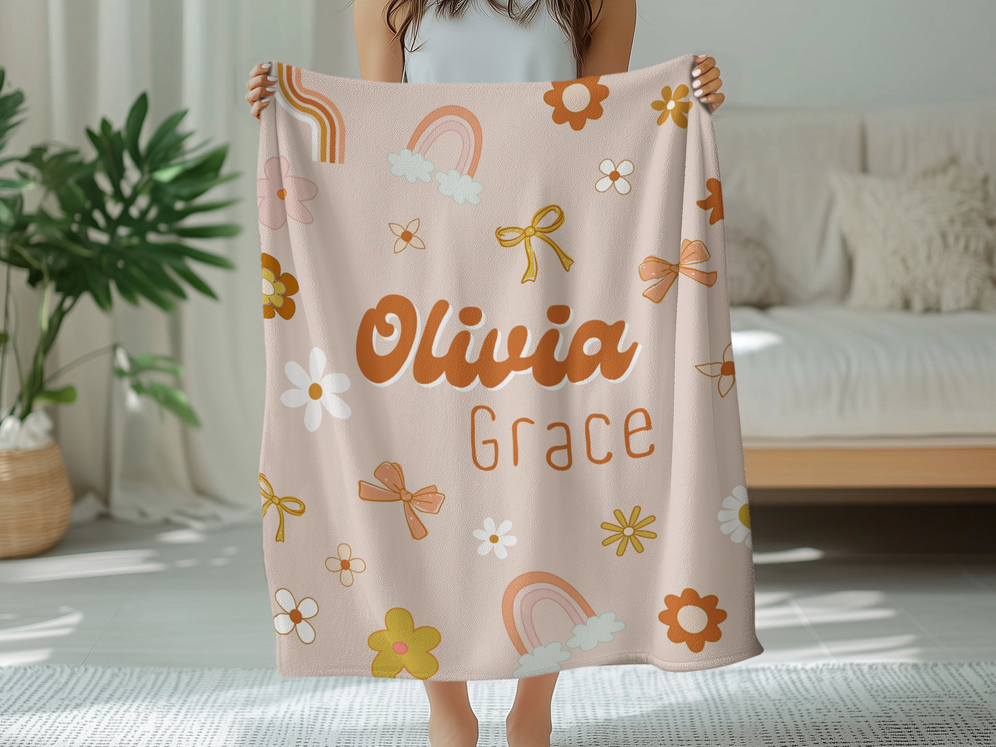 Personalised Pink Retro Daisy Bow Blanket