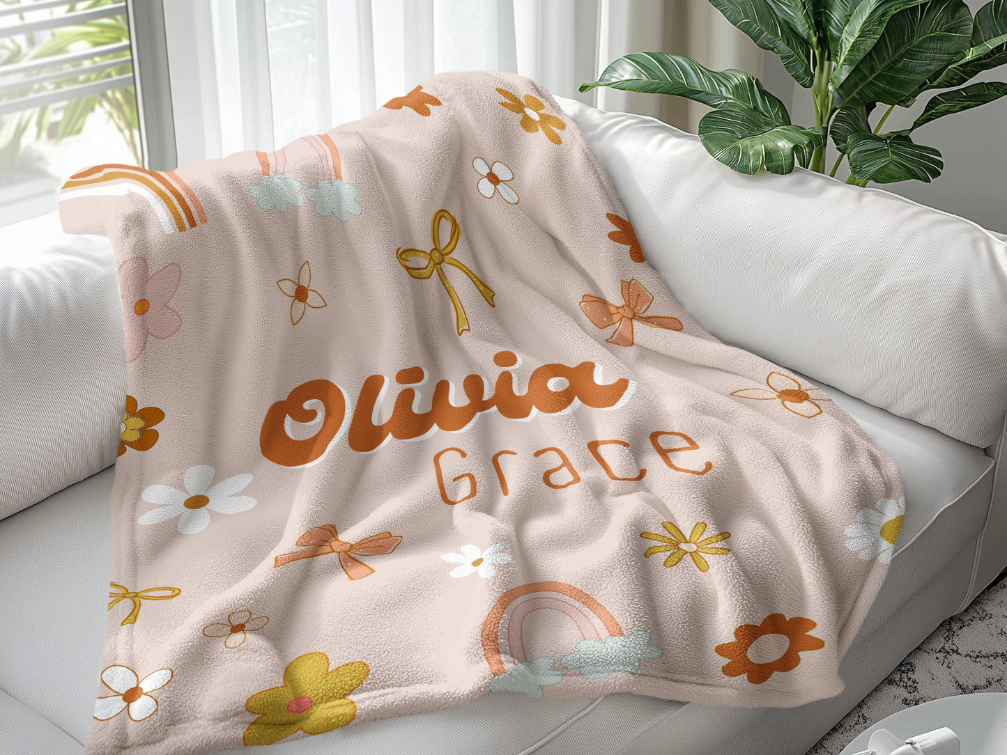 Personalised Pink Retro Daisy Bow Blanket