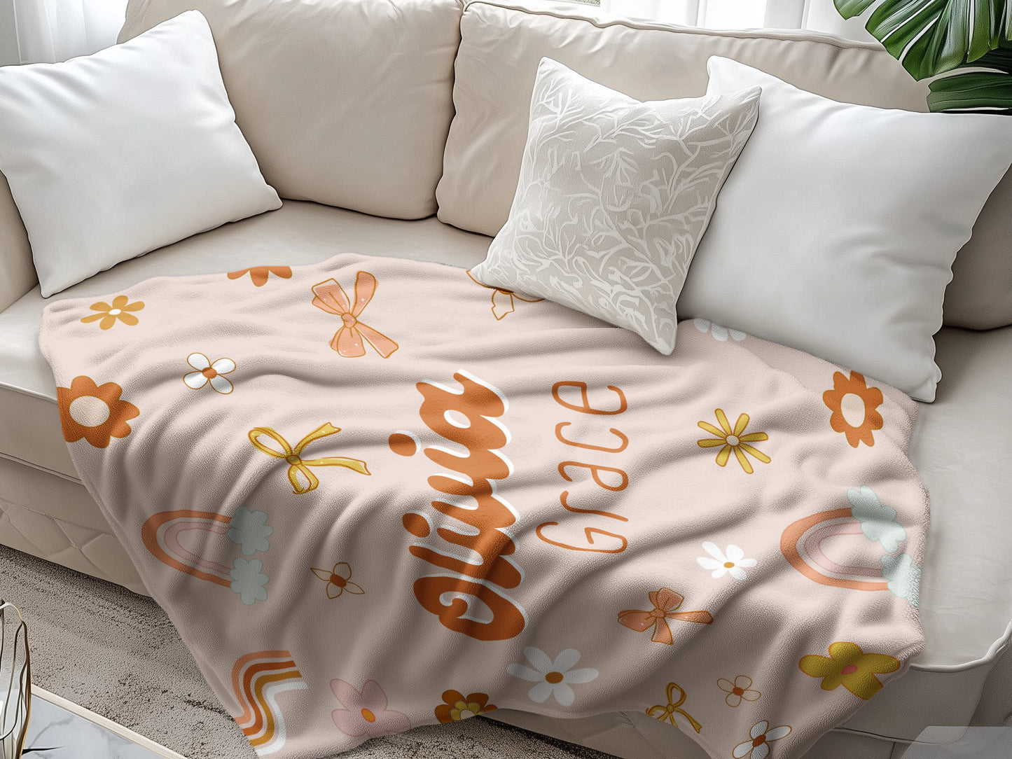 Personalised Pink Retro Daisy Bow Blanket