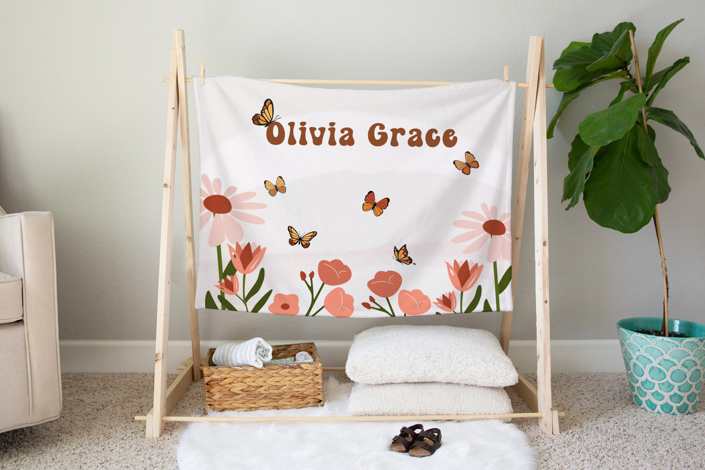 Personalised Retro Flower Butterfly Blanket