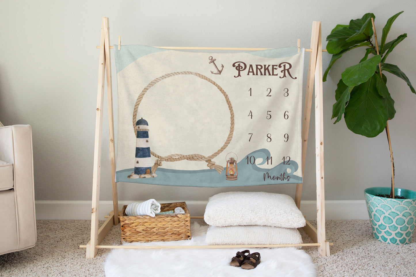 Personalised Nautical Rope Lighthouse Baby Millstone Blanket