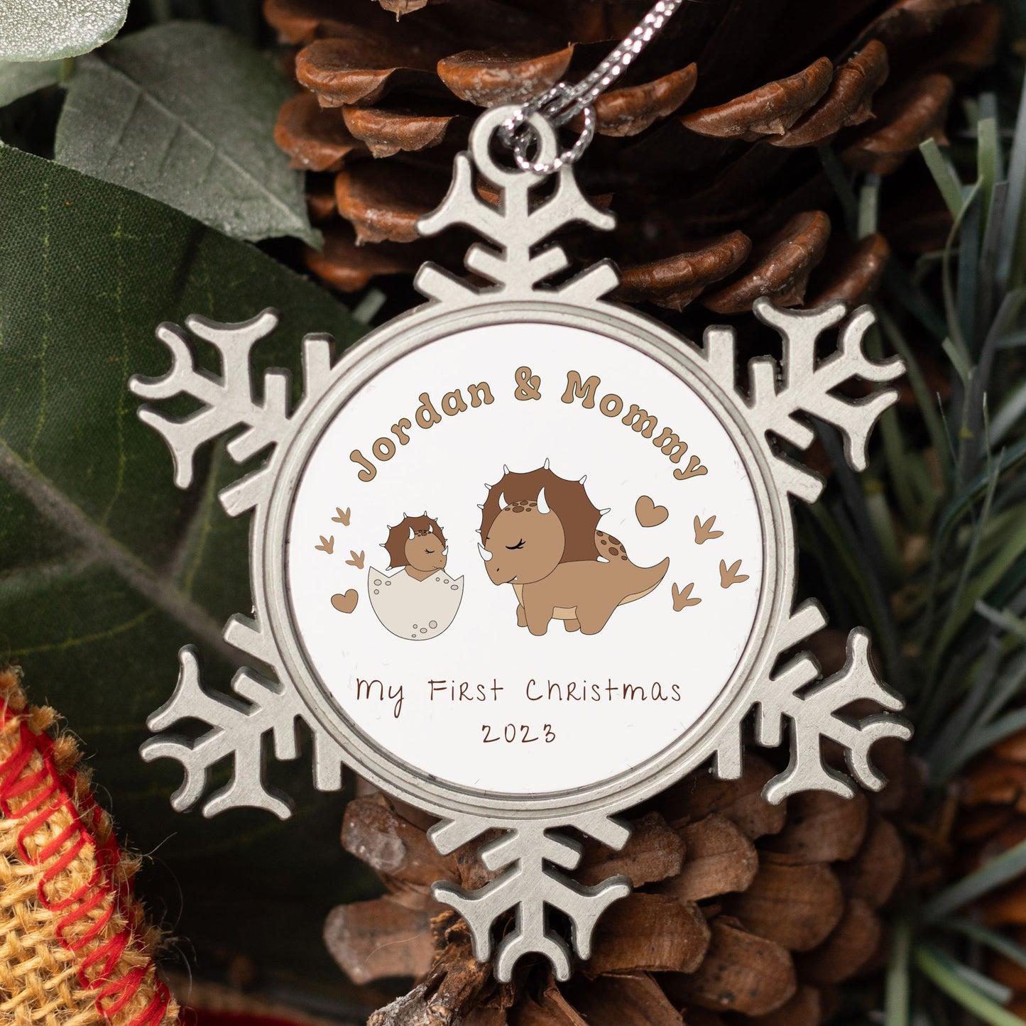 Personalised Pewter Snowflake Ornament | Mum and Baby Dinosaur Triceratops