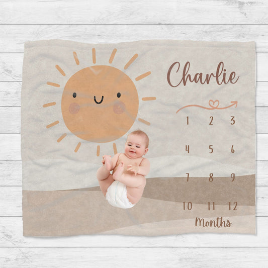 Personalised Boho Mountain Sun Baby Milestone Blanket