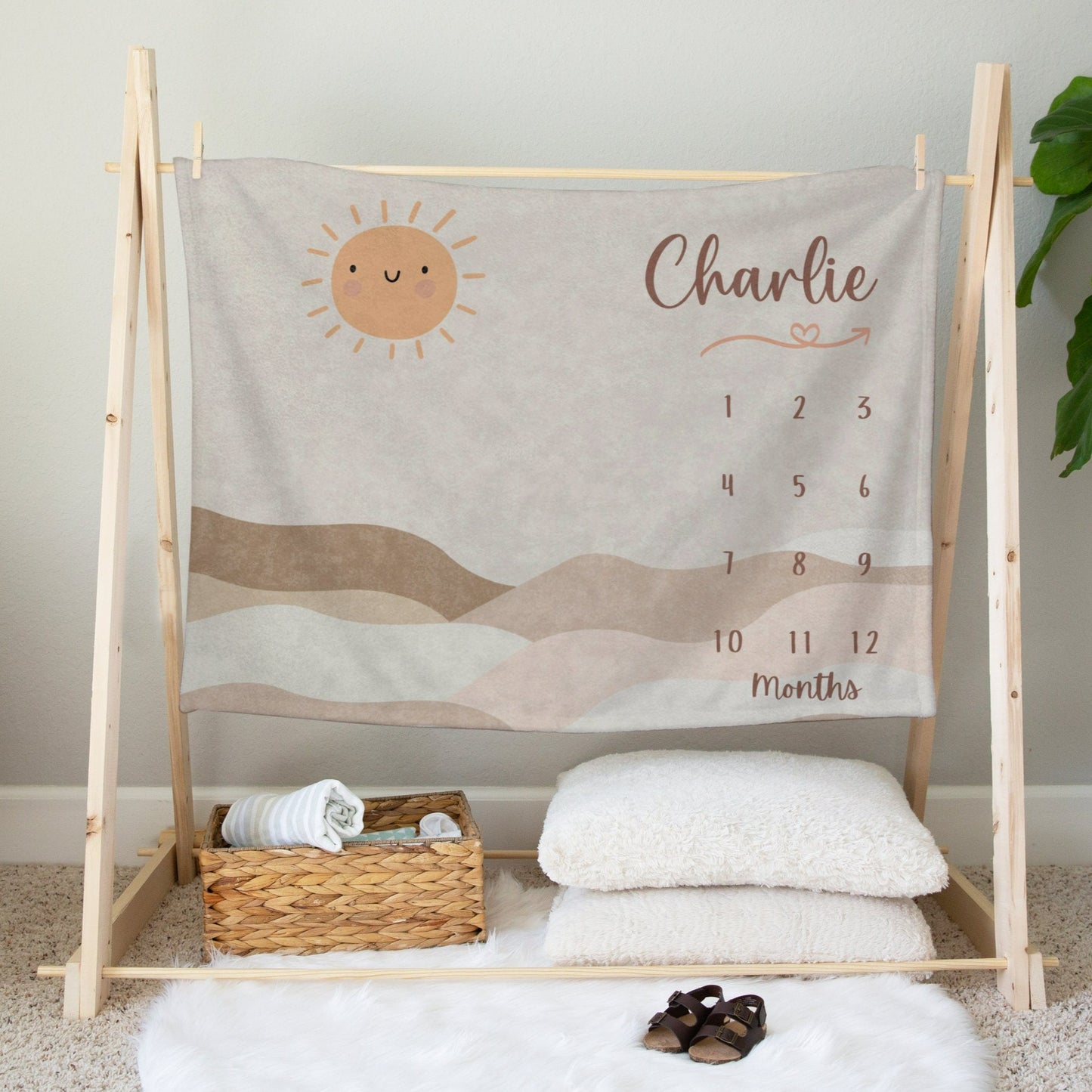 Personalised Boho Mountain Sun Baby Milestone Blanket