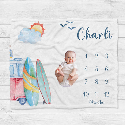 Personalised Summer Holiday Surfboard Caravan Baby Milestone Blanket