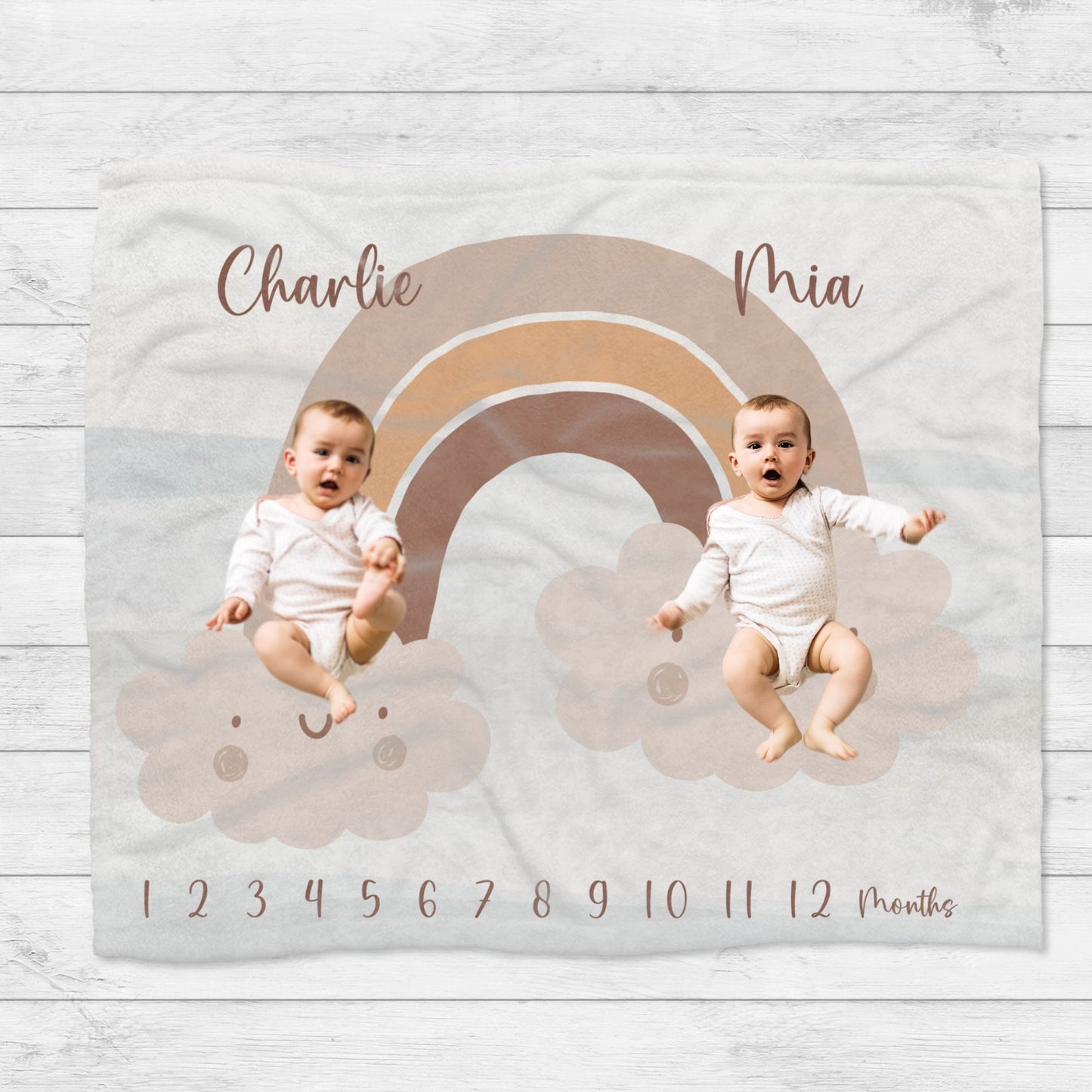 Personalised Boho Rainbow Twin Girls Milestone Blanket