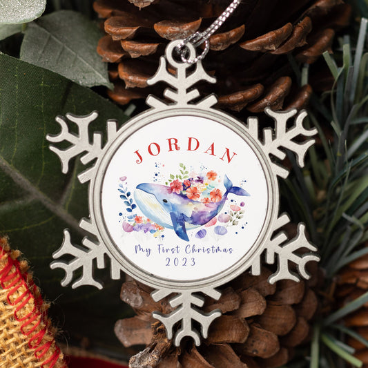 Personalized Pewter Snowflake Ornament | Floral Whale