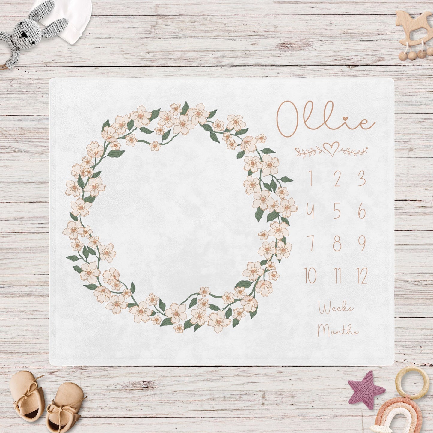 Personalised Blush Floral Wreath Baby Milestone Blanket