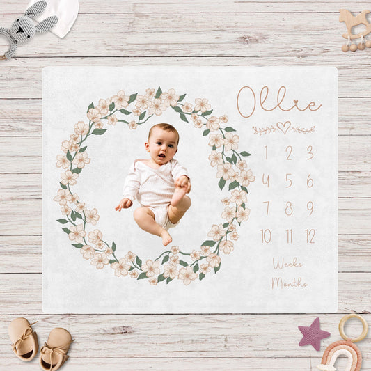 Personalised Blush Floral Wreath Baby Milestone Blanket