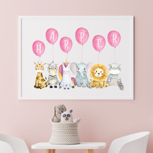 personalised name jungle animal pink balloons nursery print