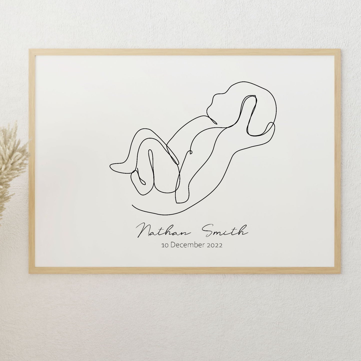 custom name baby in parent's hands line drawing wall art print