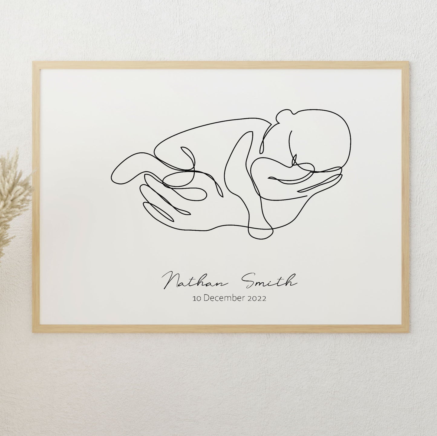 custom name baby in parent's hands line drawing wall art print