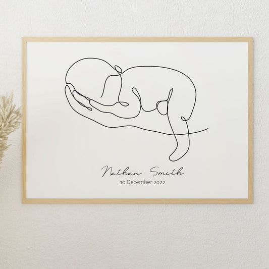 custom name baby in parent's hands line drawing wall art print