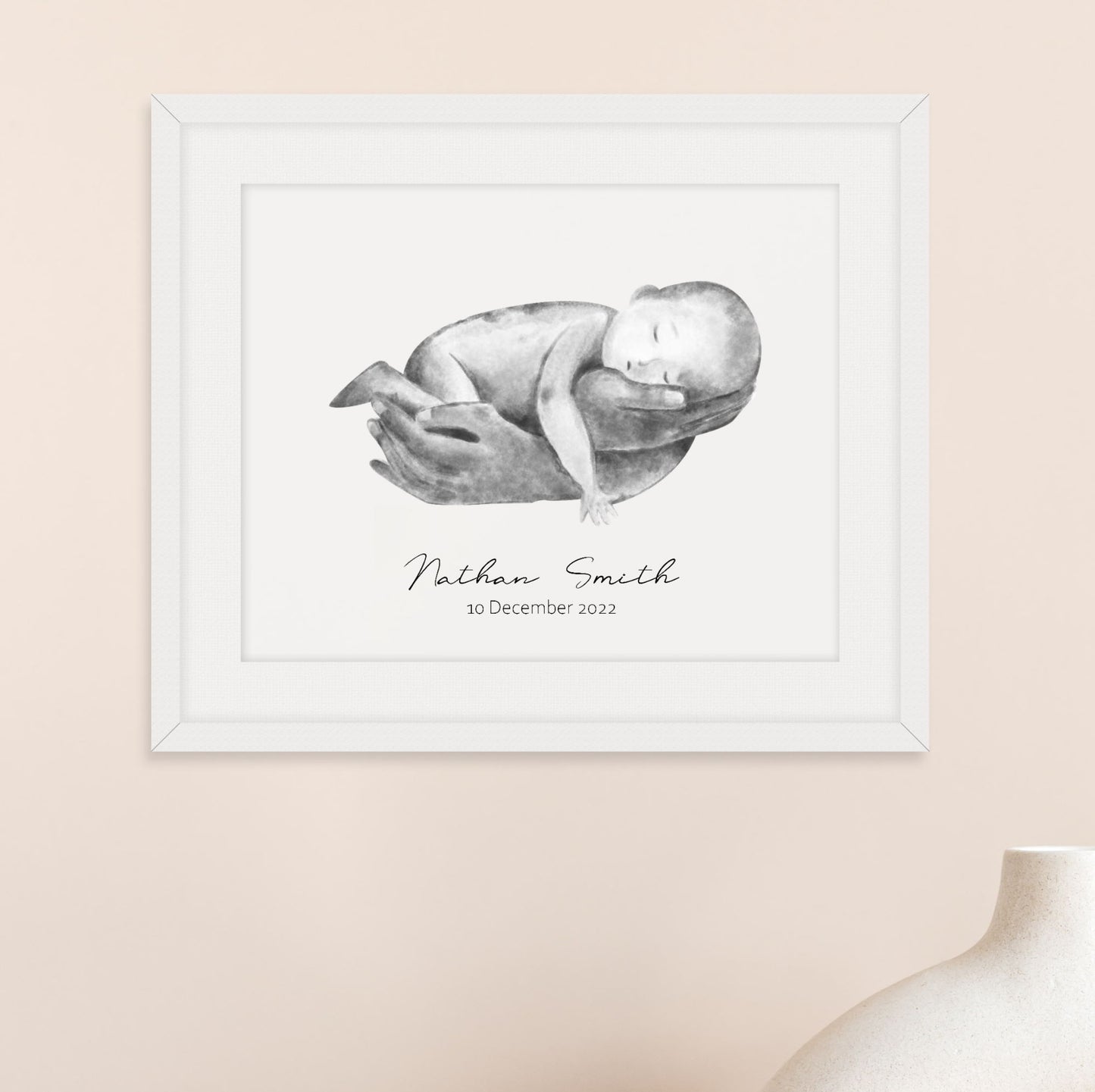 Personalised baby in parent's hands watercolour art print