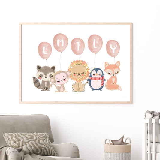 custom name cute baby animal nursery print